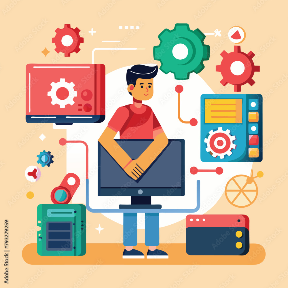 Poster a man stands in front of a computer, engaging in repair troubleshooting, repair troubleshooting on t