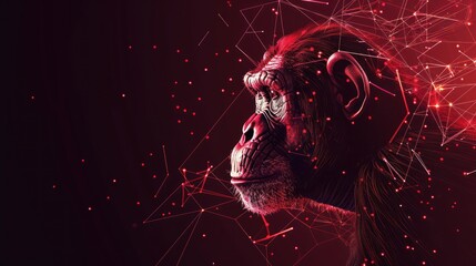 Monkey chimpanzee from futuristic polygonal red lines and glowing stars for banner, poster, greeting card. AI generated - obrazy, fototapety, plakaty