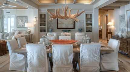 Fototapeta na wymiar dining room modern coastal decor with chairs, interior design