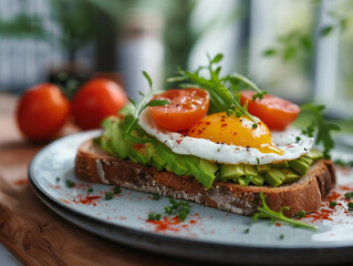 Fototapeta na wymiar Gourmet Avocado Toast with Runny Egg and Tomatoes