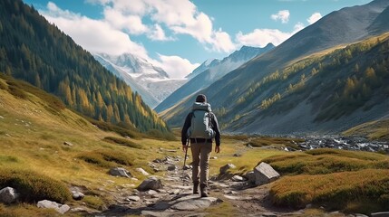 Hiker walking to mountain