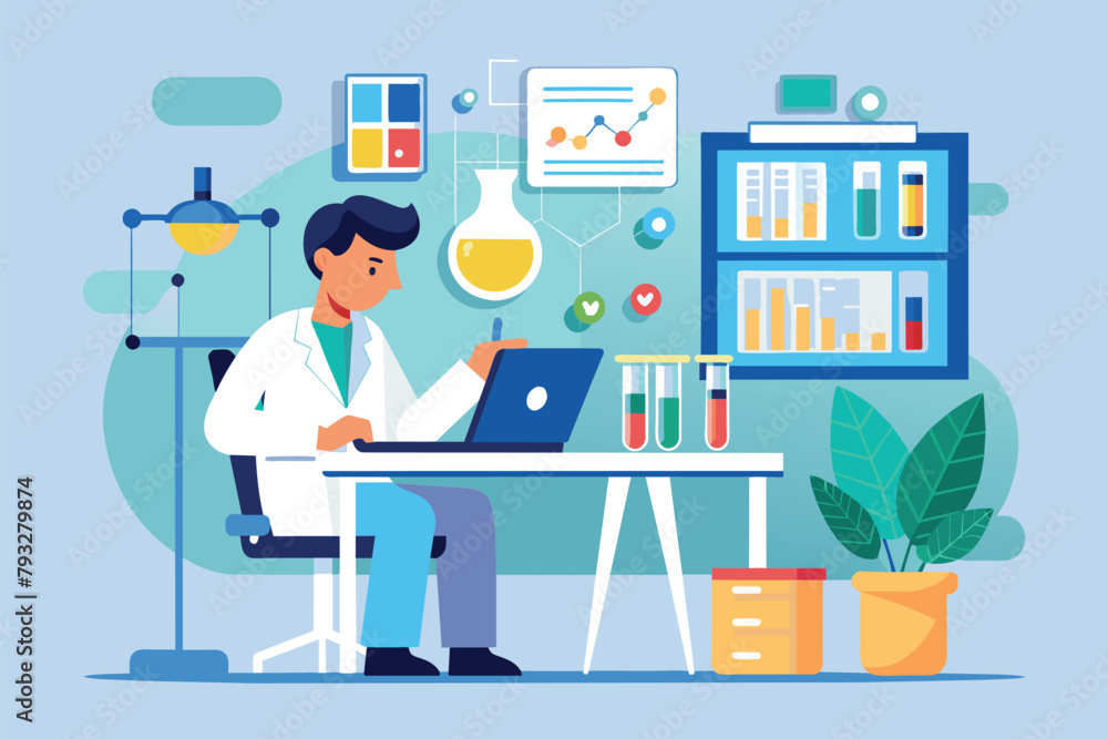 Poster a man in a lab coat is focused on analyzing data on his laptop, researcher analyzing data in the lab
