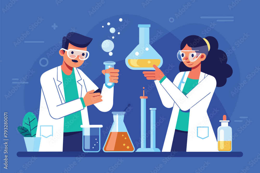 Poster two individuals in lab coats holding beaks and flasks for experiments in a laboratory setting, resea