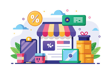 Naklejka premium Storefront With Percentage Sign, Retail discount and online shop payment method, Simple and minimalist flat Vector Illustration