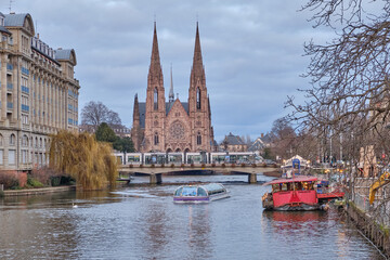 Fototapeta premium Alsace, December: view of Old city center of Strasbourg town with colorful houses.