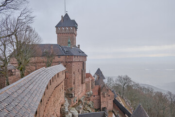 Alsace, December: View from the wall of the Haut-Koenigsbourg castle over the Alsatian panorama and...