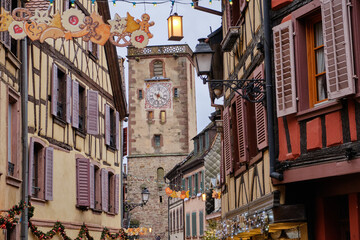 Ribeauville, France, December: One of the many picturesque and colorful streets in Ribeauville, in...