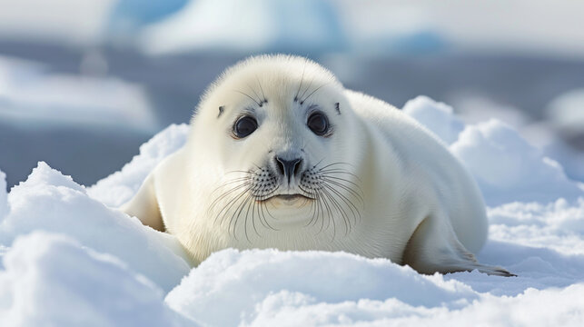 A white seal lying in the snow with a calm expression, surrounded by ice.