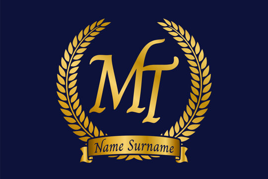 Initial letter M and T, MT monogram logo design with laurel wreath. Luxury golden calligraphy font.