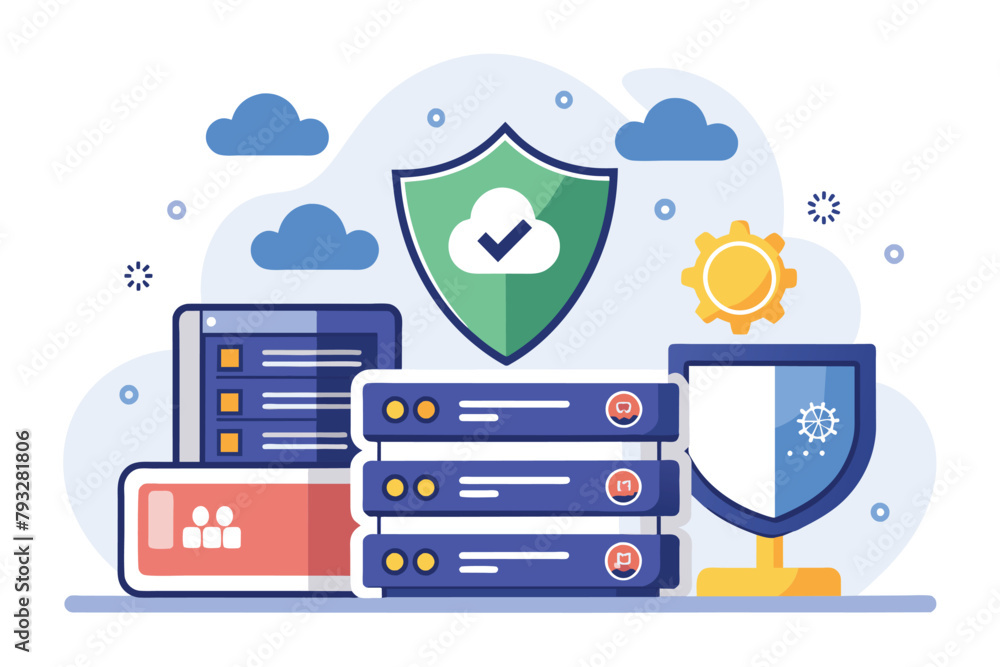 Poster a shield placed on top of a stack of data, symbolizing protection and security in web hosting, safet