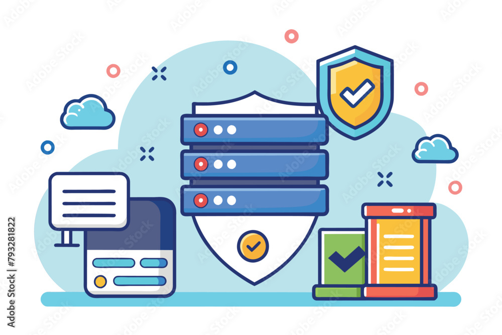 Poster a stack of data protected by a shield on top, symbolizing security and safety in web hosting, safety