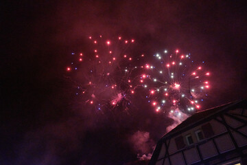 Alsace-December: night view of Ribeauville with fireworks