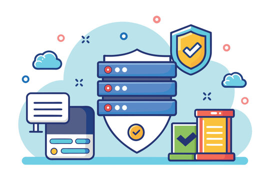 A stack of data protected by a shield on top, symbolizing security and safety in web hosting, Safety web hosting, ssl, Simple and minimalist flat Vector Illustration