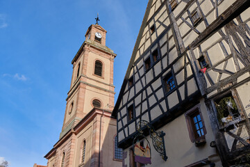 Riquewihr, France: Picturesque street with traditional half timbered houses on the Alsace Wine...