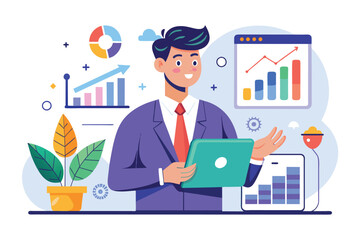 A man in a suit is holding a laptop, sales growth commerce analytics profit analysis business analyst marketing plan holding tablet, Simple and minimalist flat Vector Illustration
