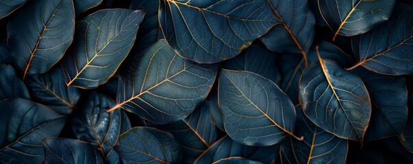 Luxury abstract artistic background. Golden and dark blue leaves. Textured background. Flowers and leaves, plants, wallpapers, posters, cards, hanging decorations, prints. High quality photo