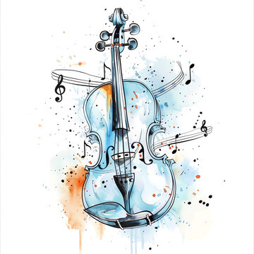 Minimalistic watercolor illustration of a violin with strings and music notes on a white background, cute and comical.