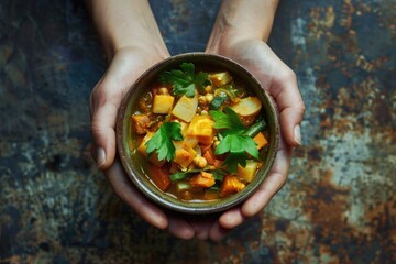 hands holding a bowl with cooked vegetables on dark table background - obrazy, fototapety, plakaty