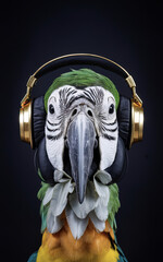   Macaw listening to music through headphones