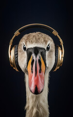  Duck listening to music through headphones
