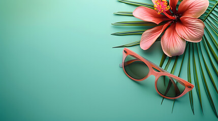 sunglasses and pink flower lay on a green background - obrazy, fototapety, plakaty