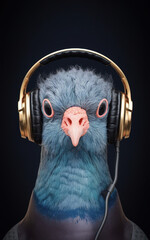  Pigeon listening to music through headphones