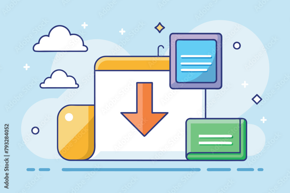 Poster flat icon of a folder symbol with an arrow pointing upwards, indicating scheduled file downloads, sc