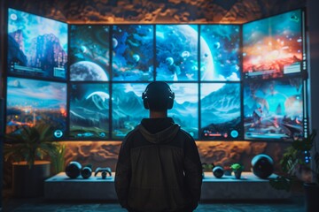 A virtual reality TV set with large screens showing various images of games and television shows, a man standing in front