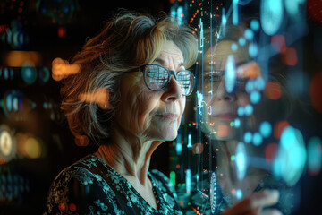 Female about 50 years old working with technology. Generative AI