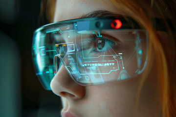 Woman wearing modern spectacles with futuristic screen. Virtual technology. Smart glasses and augmented reality concept. Generative AI