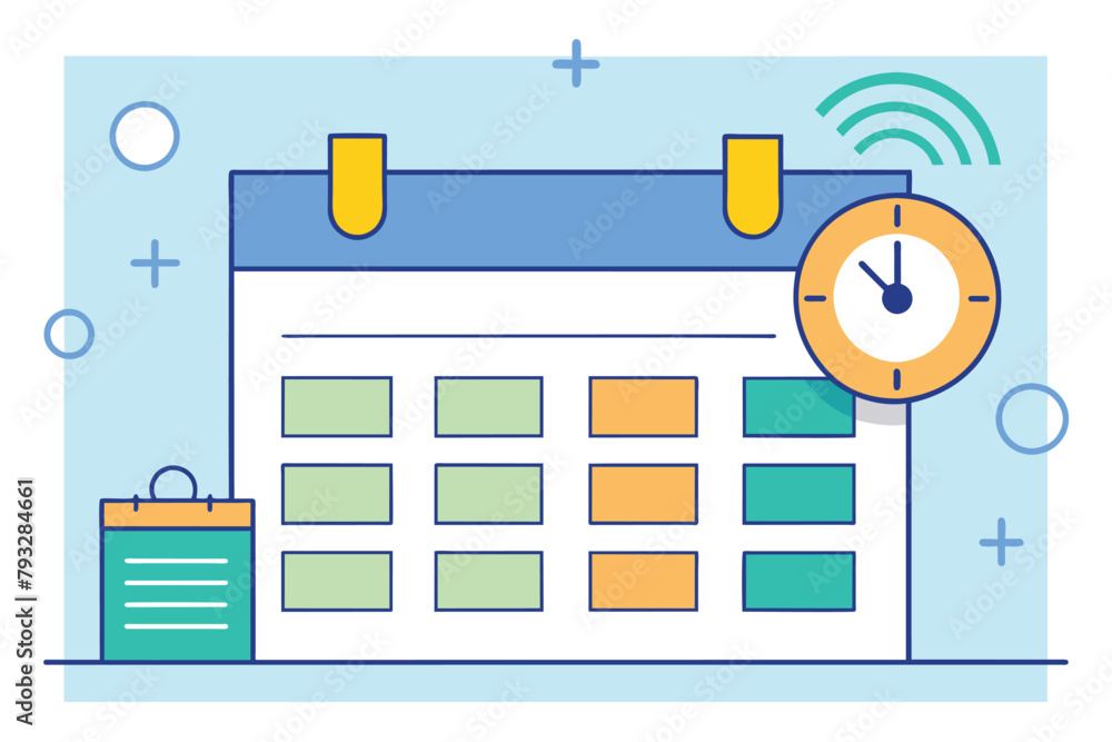 Poster a clock placed on top of a calendar, indicating a simple and minimalist way of scheduling working ho