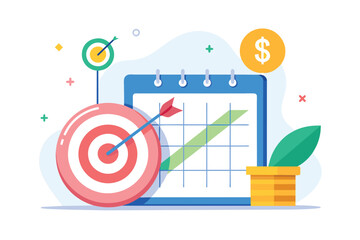 A calendar marked with a dart hitting a target, symbolizing goal-setting and achievement, Schedule sales target time trending, Simple and minimalist flat Vector Illustration