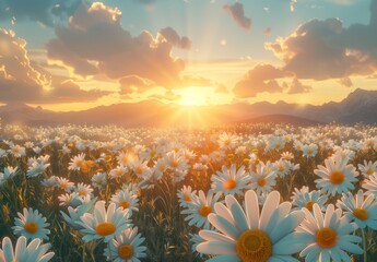 A beautiful sunrise over the mountains with daisies in full bloom.