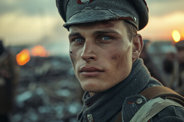 Obraz premium A close-up of a young male artillery officer, with a focused gaze, against a blurred background of a gun position.