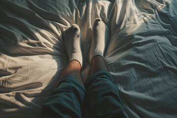 AI Generated Image. Point of view on feet of a man wearing socks and leaning legs on a bed