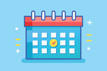 A blue calendar with a yellow tick mark indicating an important event or task, Scheduling working hours, Simple and minimalist flat Vector Illustration