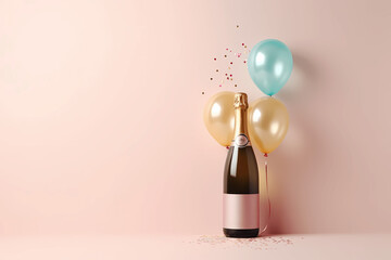 Champagne bottle with color balloons. pink background