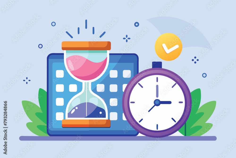 Poster a clock and an hourglass placed on a table, indicating the passage of time, scheduling working hours