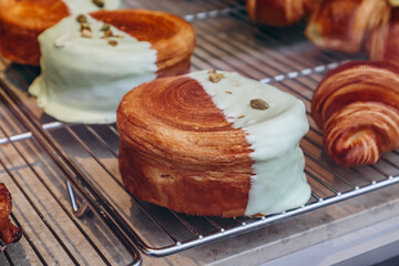 Close-up of fresh and beautiful french pastries in a bakery showcase