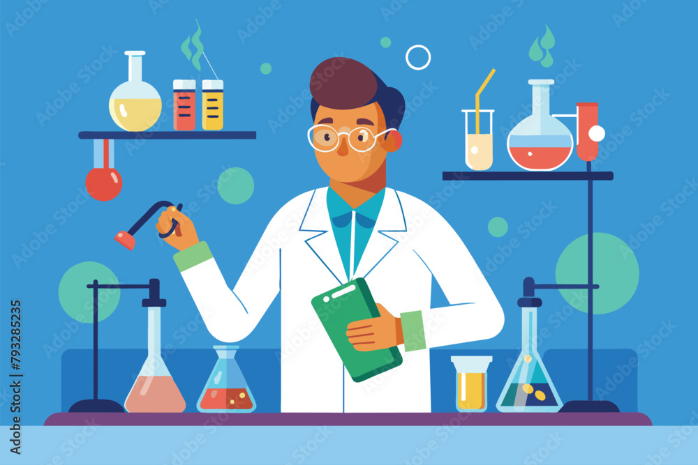 Poster a man in a lab coat stands holding a clipboard in a laboratory setting, scientist doing tests in fla