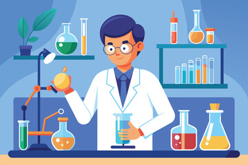 Man in lab coat holding a flask in a scientific laboratory, Scientist doing tests in flasks in lab, scientific research, Simple and minimalist flat Vector Illustration