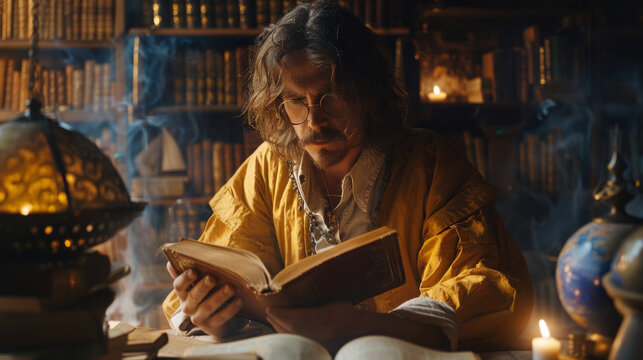An astrologer in a vintage setting consults an ancient book amidst candles and celestial globes.