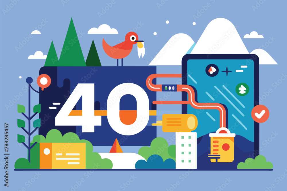 Poster a phone displaying the number forty on its screen, in a minimalist and flat design, screen error pag
