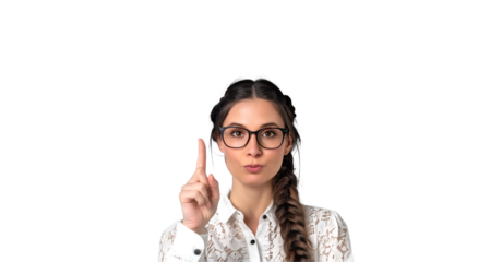 An American Woman, a Teacher, a Student, Pointing Her Finger: Portrait with Copy Space, Isolated on Transparent Background, PNG