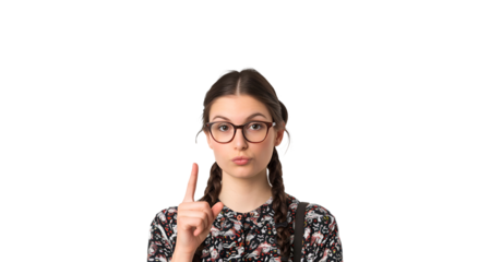 American Teacher’s Portrait: A Woman Pointing Her Finger with Copy Space, a Student, Isolated on Transparent Background, PNG