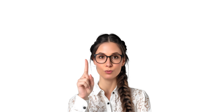 An American Woman, a Teacher, a Student, Pointing Her Finger: Portrait with Copy Space, Isolated on Transparent Background, PNG