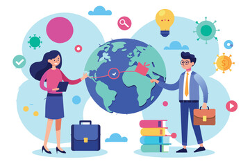 Man and Woman Standing Around Globe, Search for collaboration international business relationships, Simple and minimalist flat Vector Illustration