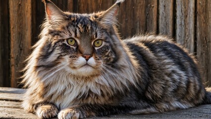 Baigné de lumière, un majestueux chat tigré de race Maine Coon se prélasse paisiblement sur une terrasse ensoleillée, sa fourrure luxuriante et son allure altière évoquent une élégance naturelle et un