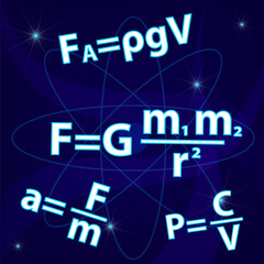 Physics background with formulas on dark blue. School education presentation your web site design, app, UI. EPS10.