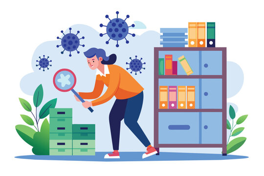 A woman examines a bookcase closely with a magnifying glass, search for viruses in storage, Simple and minimalist flat Vector Illustration